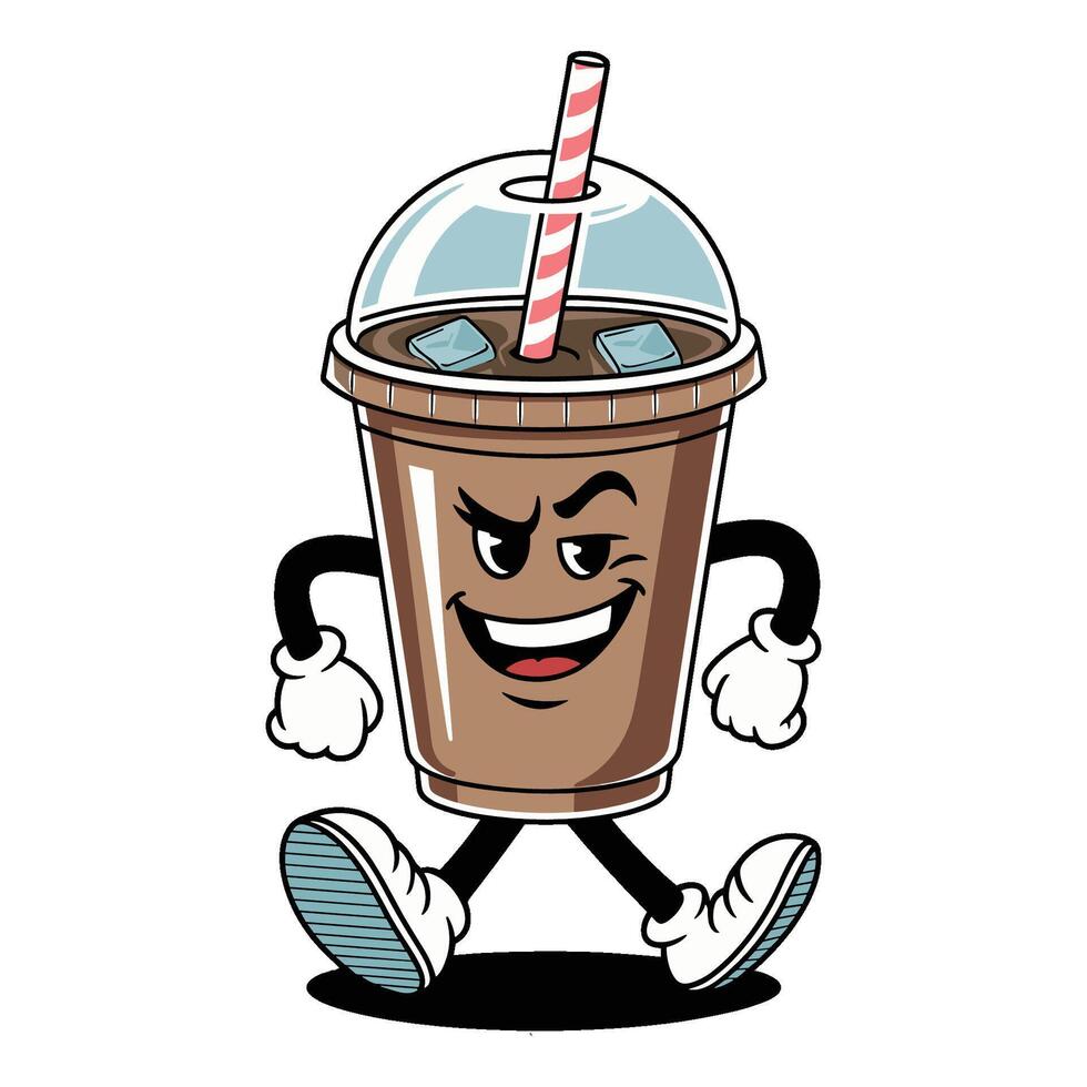 Walking iced coffee cup cartoon character with mischievous expression on white, groovy image vector