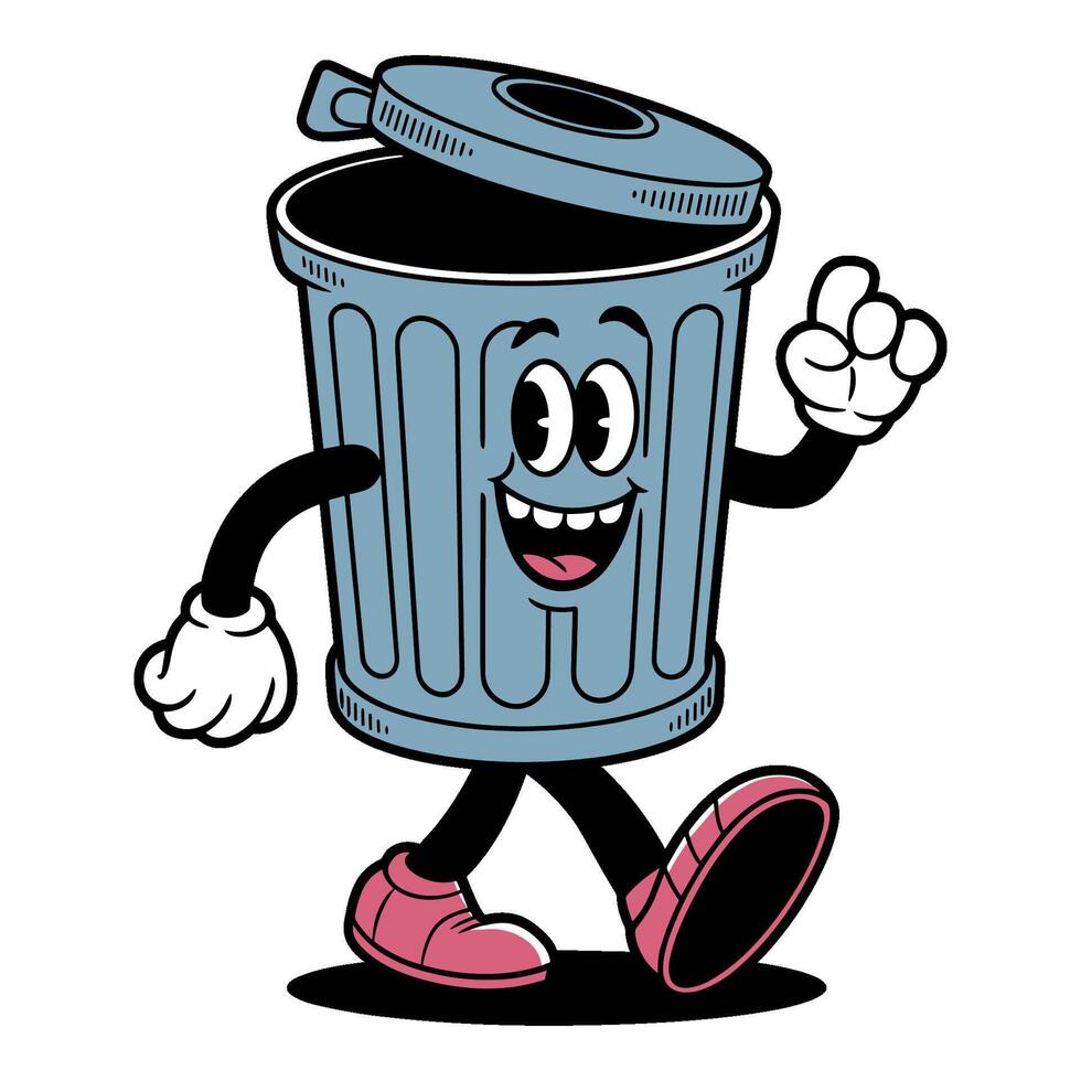 Cartoon walking trash can character with happy face and pink shoes on white background, image vector