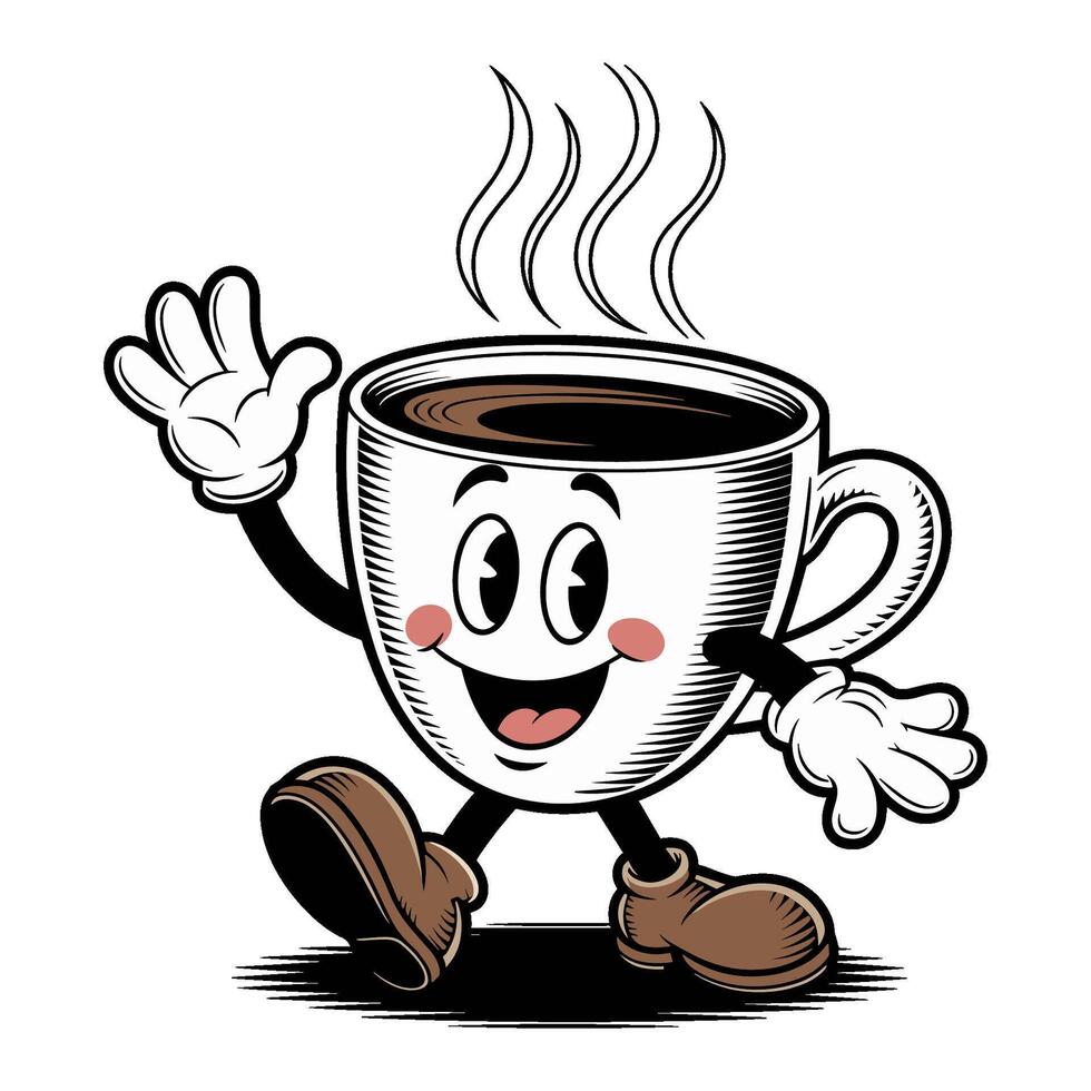 Retro cartoon character of cheerful coffee cup waving with warm smile in playful, design style vector