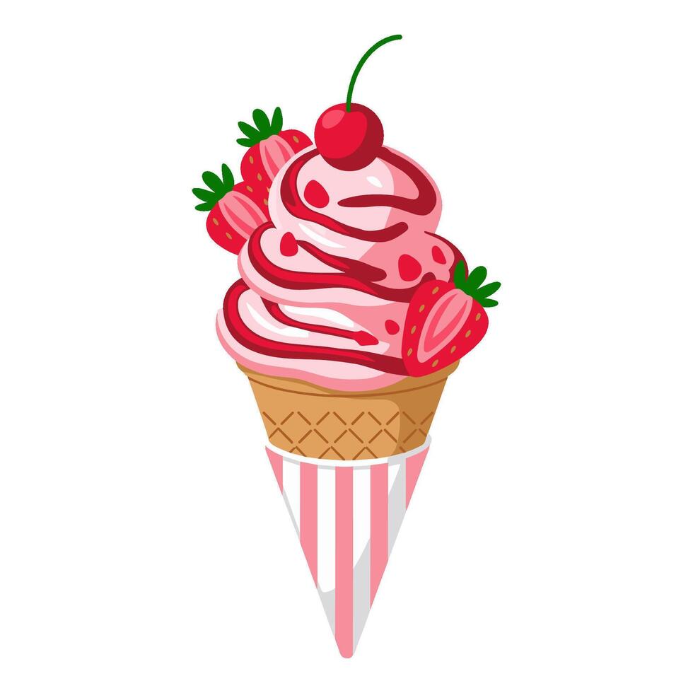 Strawberry ice cream cone with cherry and berries on white background, flat illustration vector