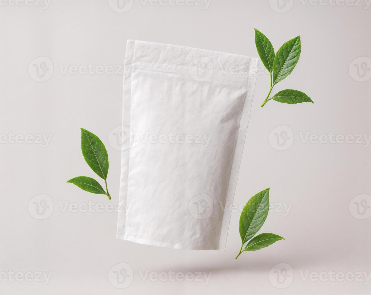 Stand-up pouch of herbs floating with leaves in white scenery photo