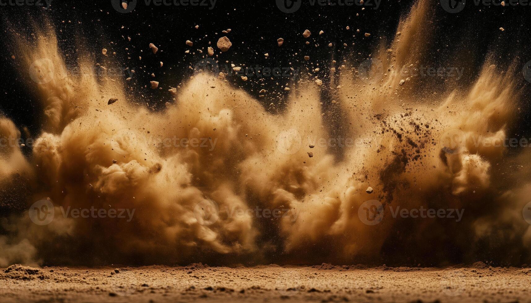 Abstract Brown Ground Explosion. A Soil Explosion On Black With A Cloud-Like Formation In An Abstract And Artistic Interpretation photo