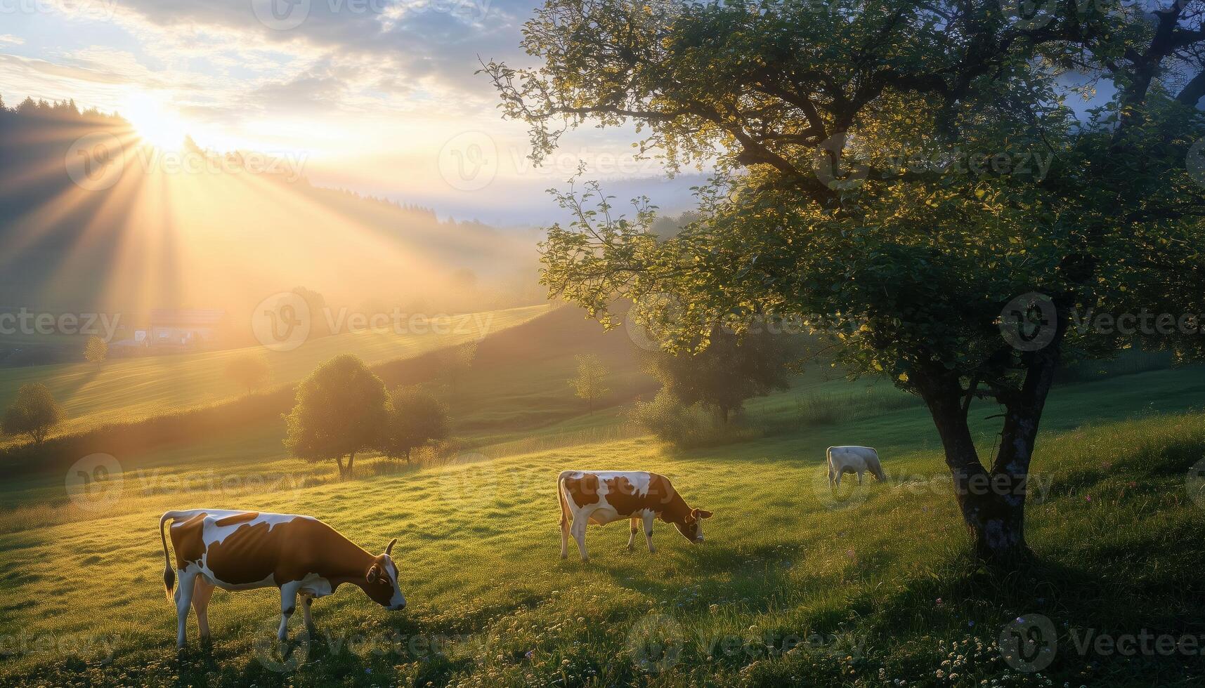 Cows Grazing In Idyllic Rural Areas Of Slovenia, Europe With Morning Sunbeams Shining Through Apple Tree Branches. photo