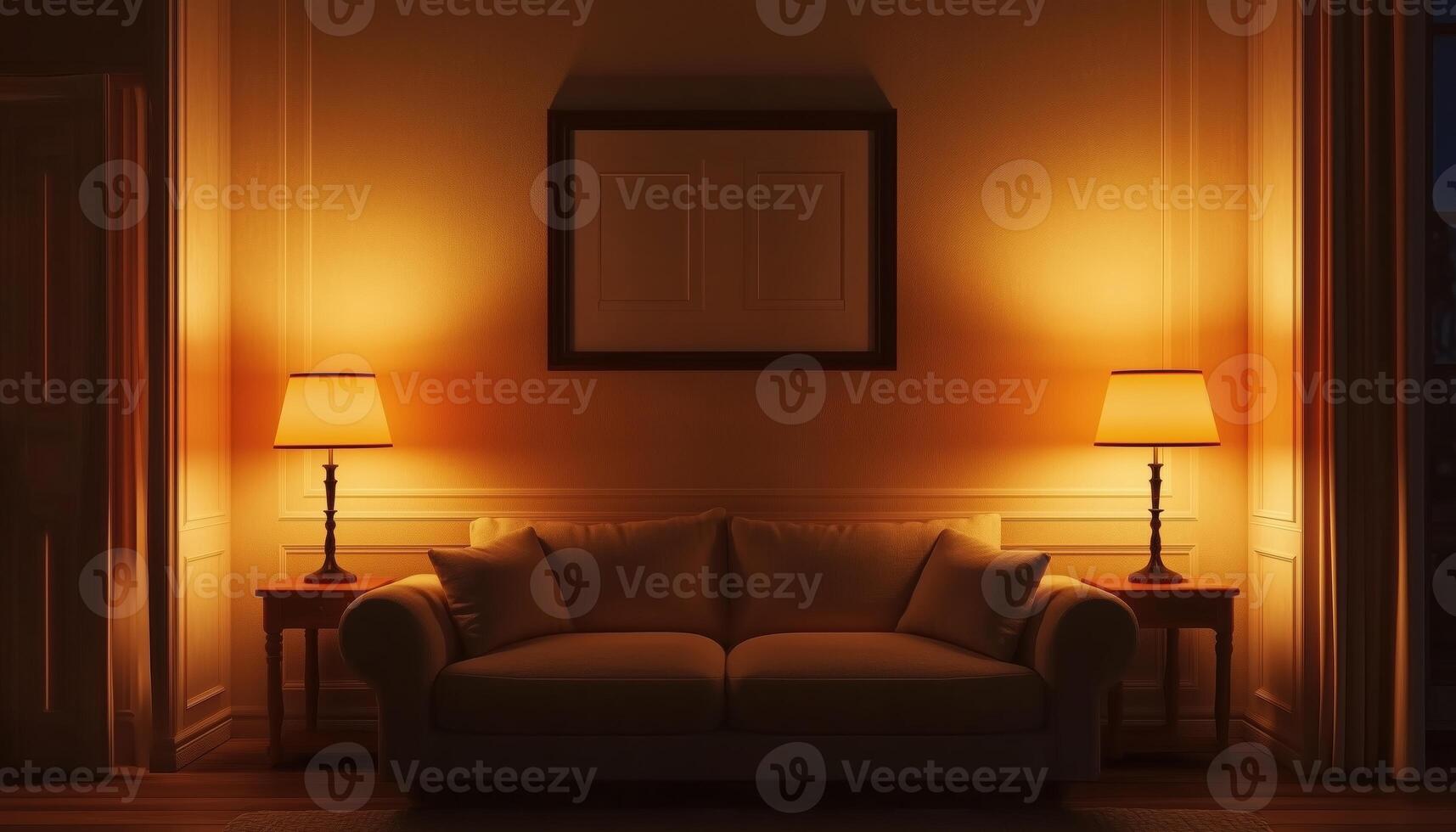 Evening Ambiance. Dark Living Room Featuring Glowing Lamps And Cozy Sofa For A Warm And Inviting Atmosphere In The Evening photo