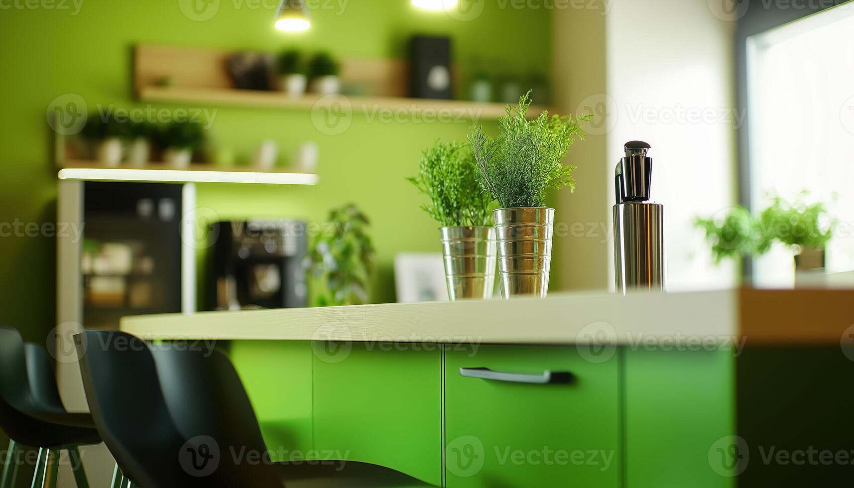 Close Up Shot Of A Green Kitchen Corner With Bar, Showcasing The Details And Design Elements In Title Case Format. photo