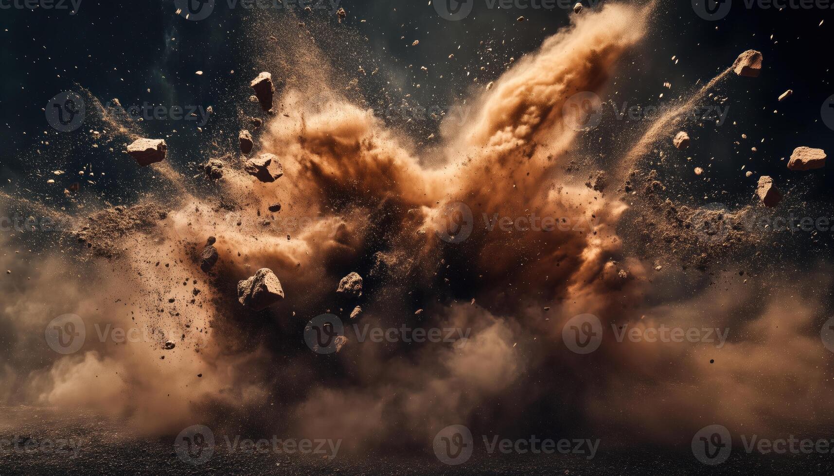 Explosive Soil Eruption On Dark Background. A Poetic Representation Of A Swirling Cloud Of Brown Earth photo