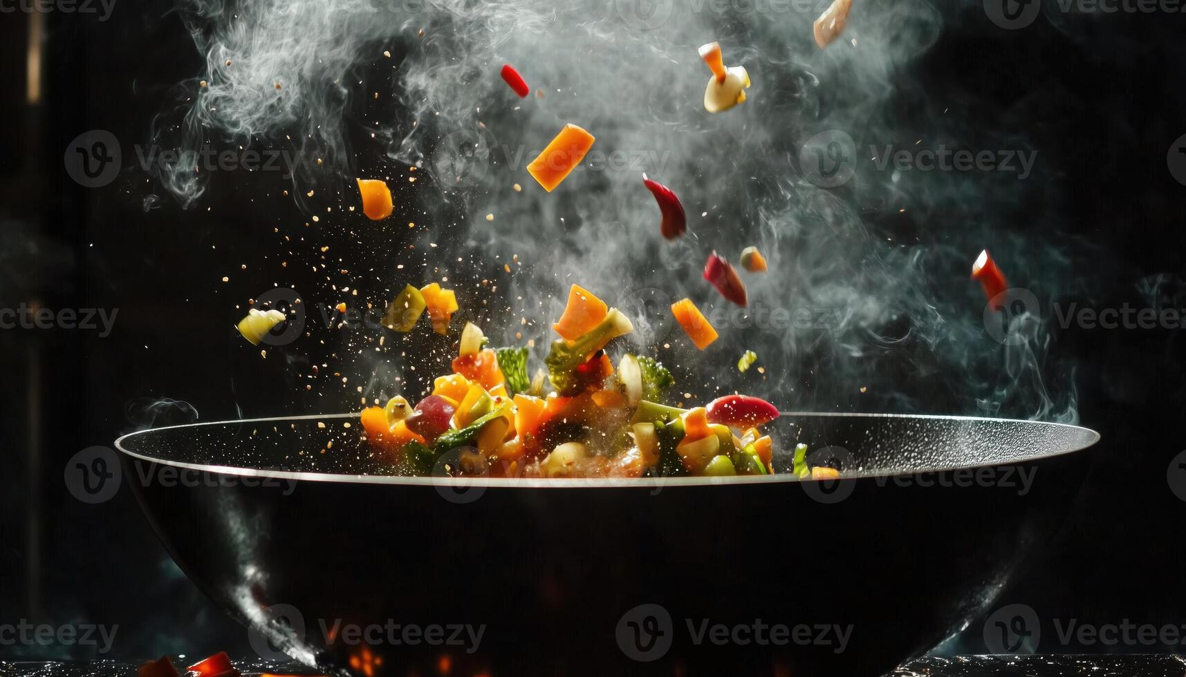 Chef'S Close-Up. Stir-Frying Fresh Vegetables In Wok Over Open Flames For Traditional Asian Dish Preparation. Dark Background photo