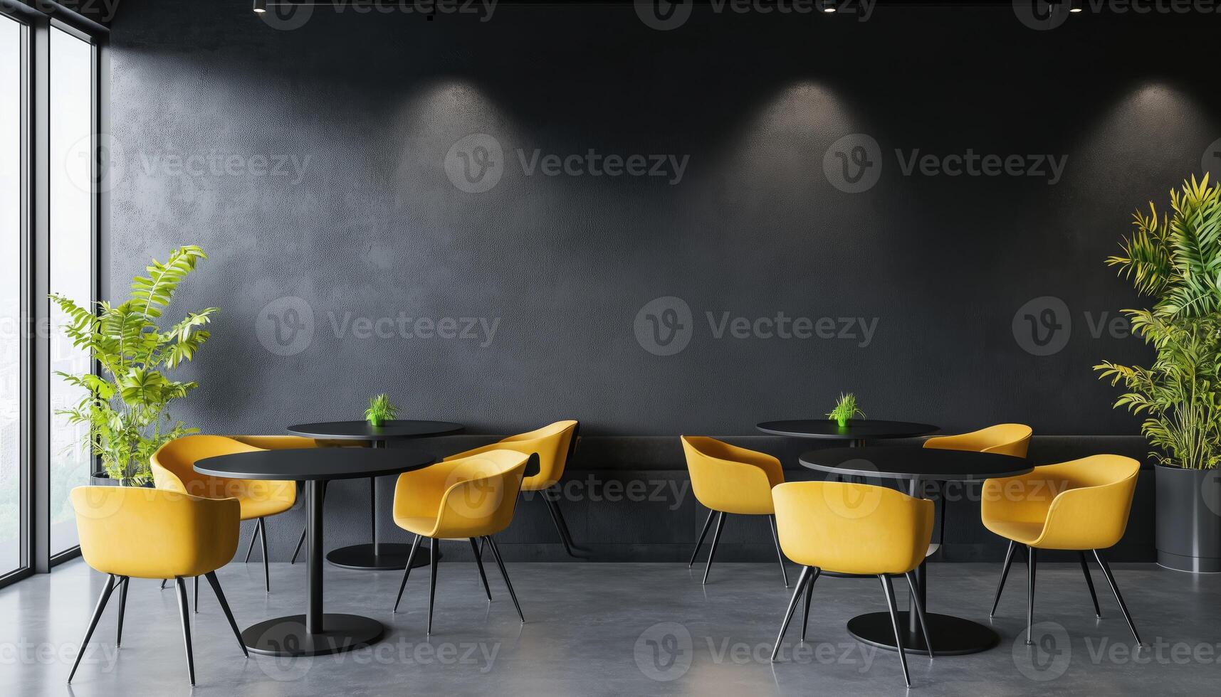 Rendering Mock Up Of A Black Cafe Corner With Concrete Floor, Round Black Tables, And Yellow Chairs. Design Concept In Action photo