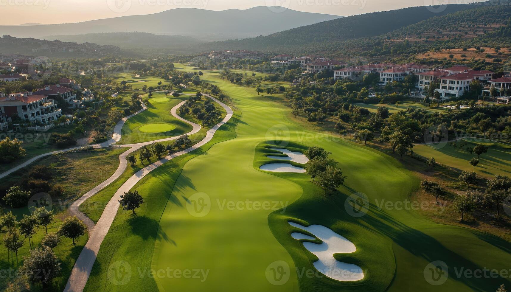 Aerial Top View Of Turkey'S Stunningly-Manicured Golf Course Showcasing Its Beauty From Above. Unique Perspective Of A Well-Maintained Golf Course photo