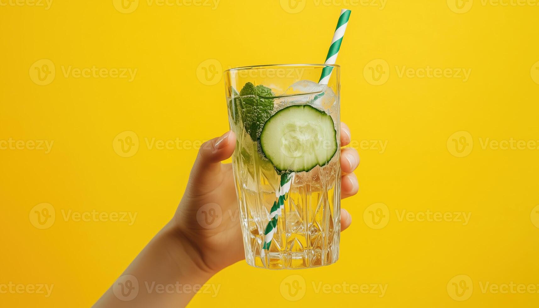 Bright Studio Setting. Woman Holding Gin Tonic With Cucumber And Striped Straw. Perfect For Alcohol, Drink, Party, Tasting, And Holidays. Ample Space For Ad photo