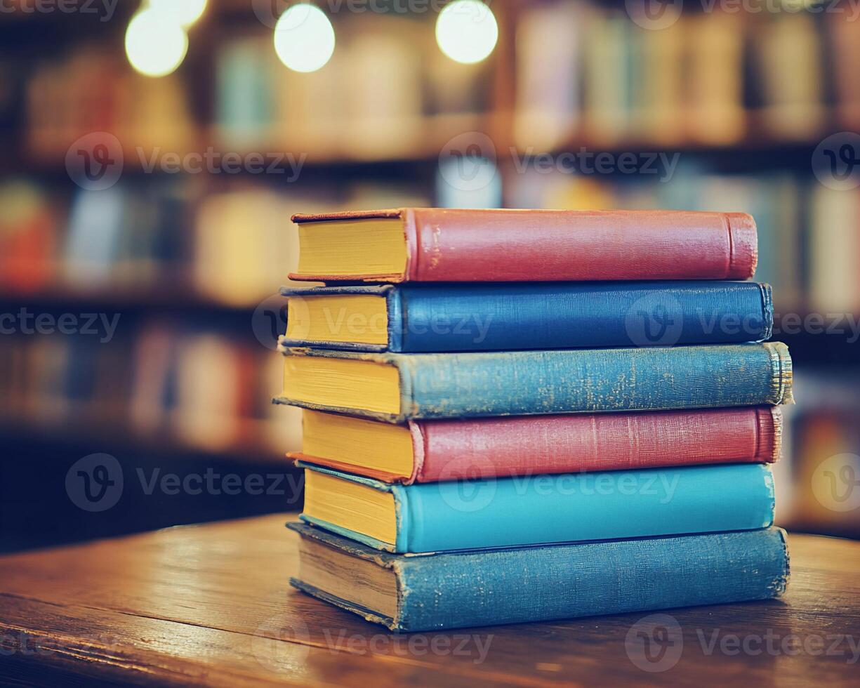 Stack of Six Books on Wooden Surface photo