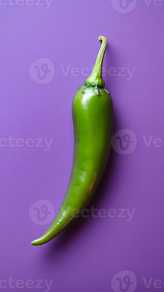Vibrant Green Chili Pepper Against a Purple Background for Culinary Inspired Visuals photo