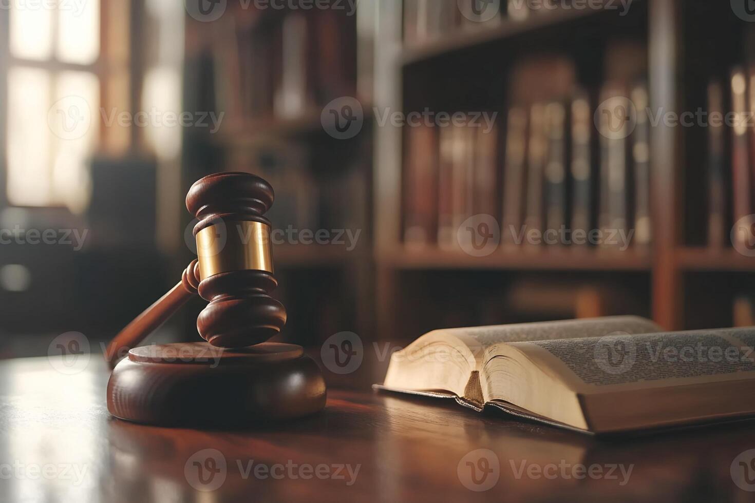 Gavel, Open Book, and Bookshelves photo