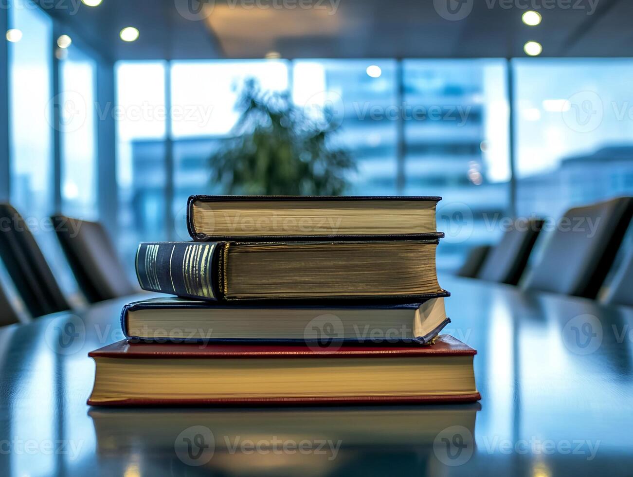 Stack of Four Books on Conference Table in Office Setting photo