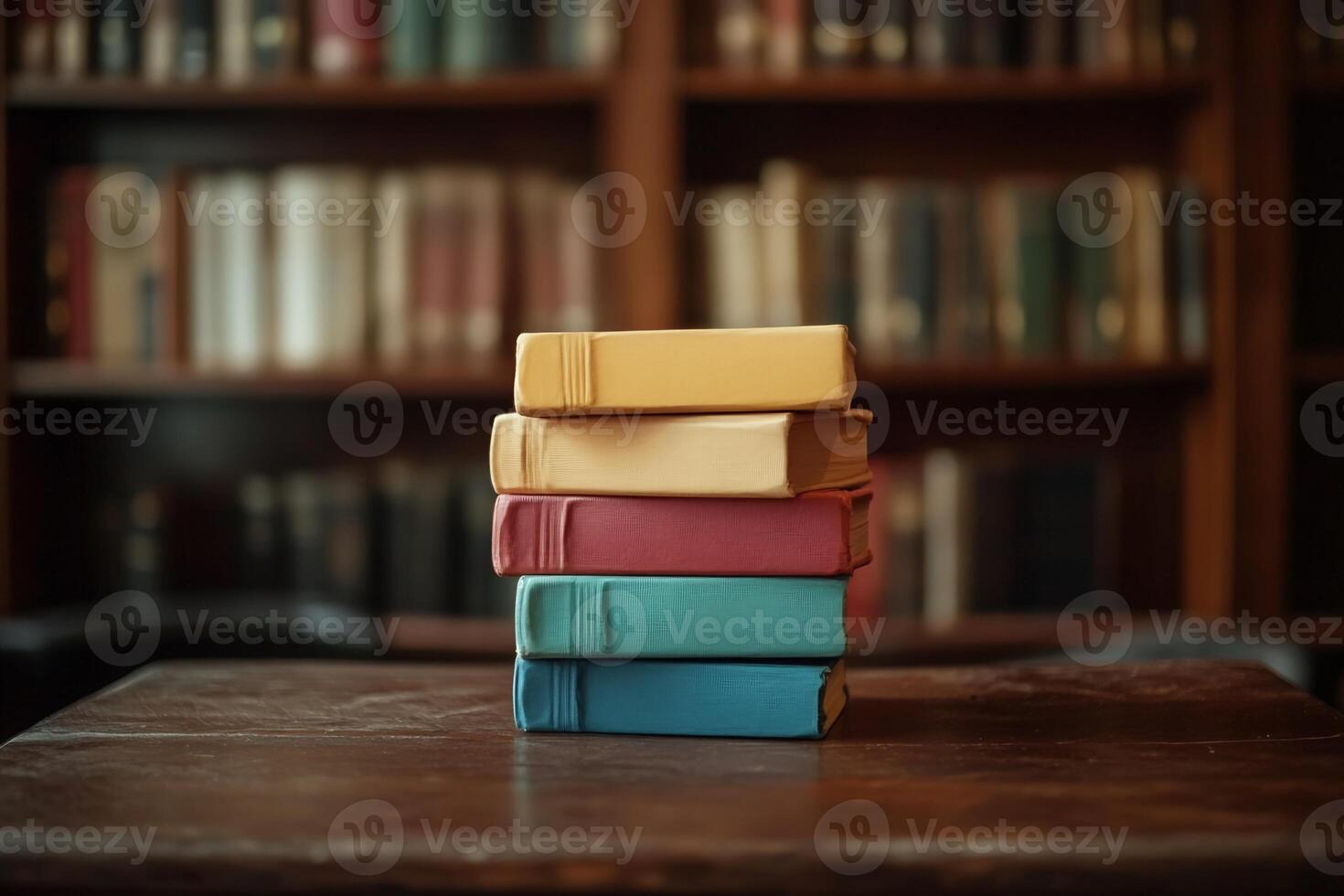 Stack of Five Pastel-Colored Books on Wooden Table with Bookshelf Background photo