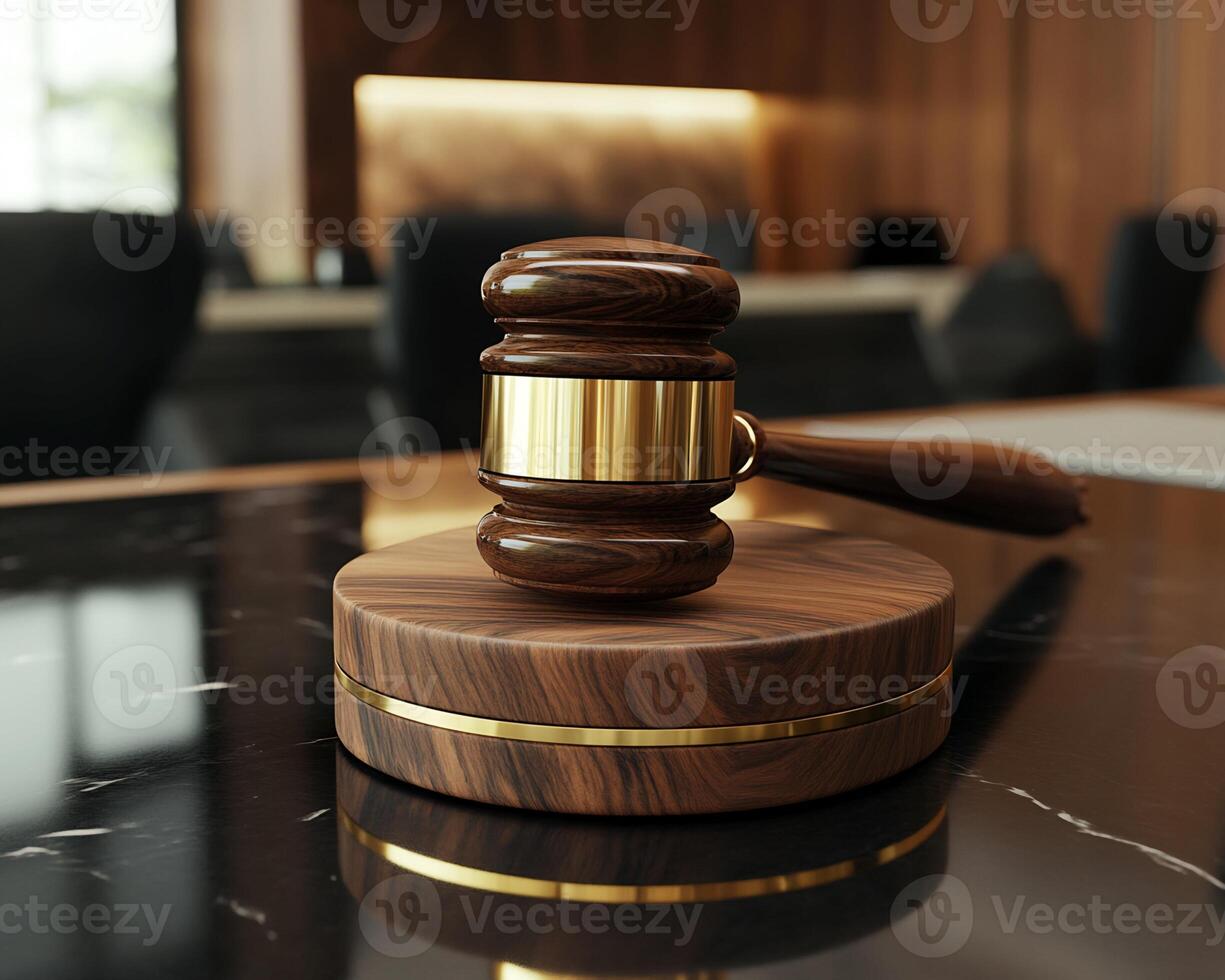 Gavel on Wooden Base in Modern Office Setting photo