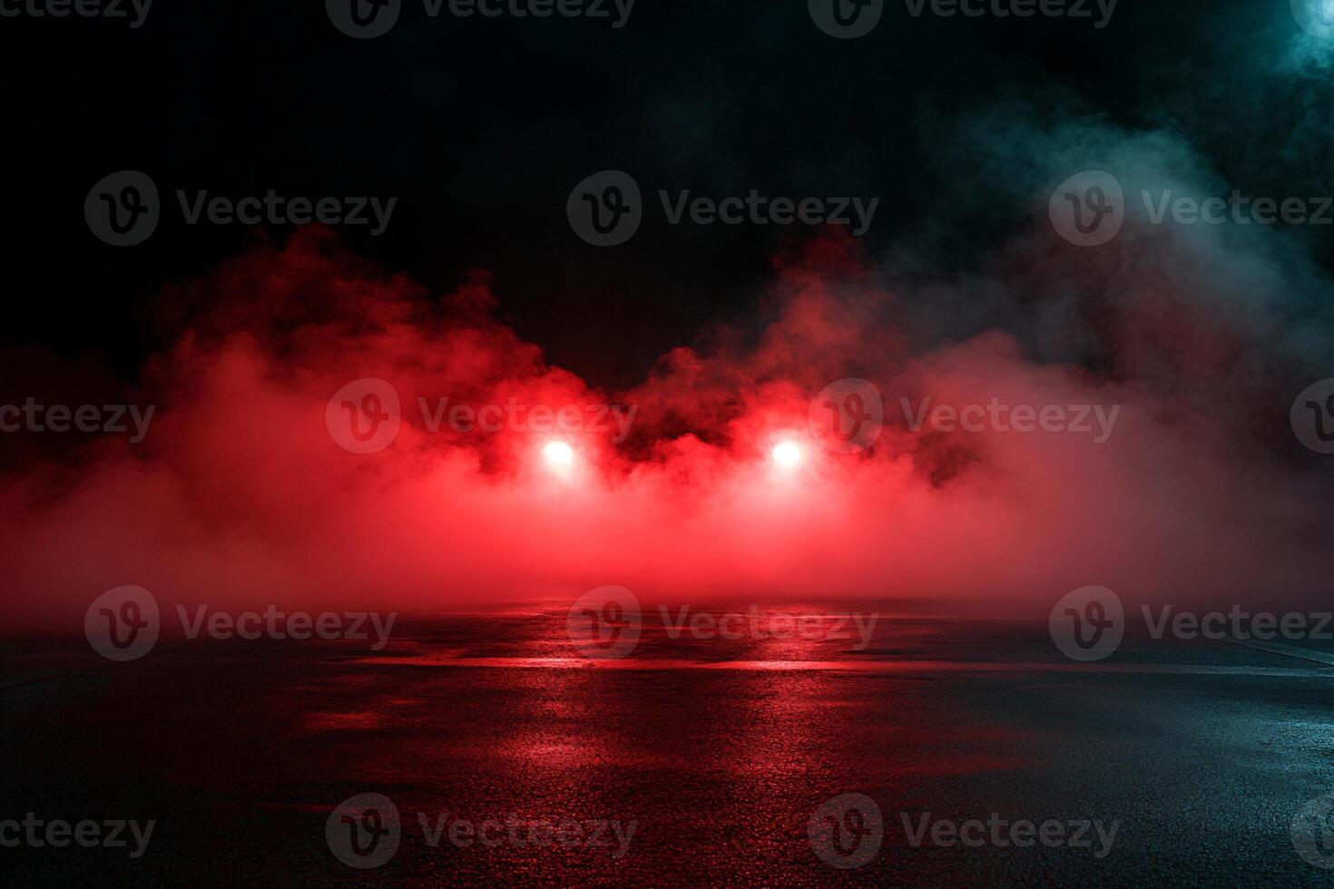 Nighttime Asphalt Surface with Red Lights and Fog photo