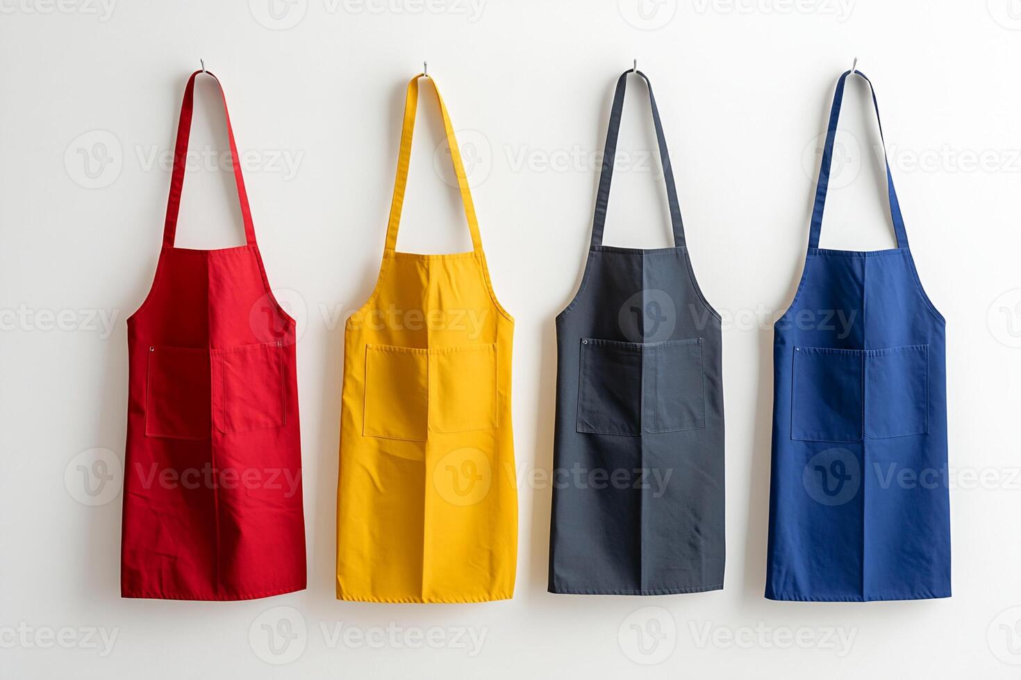Four Plain Aprons Hanging on White Wall photo
