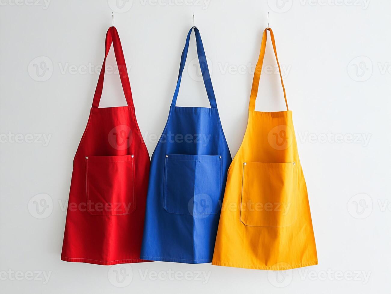 Three Plain Cotton Aprons Red, Blue, and Yellow photo