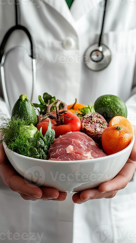 Doctor Holding Bowl of Raw Meat, Vegetables, and Fruit photo