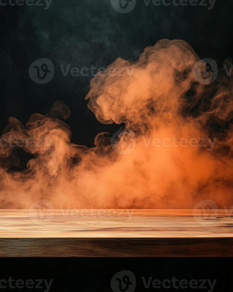 Wooden Tabletop with Orange Smoke Background photo