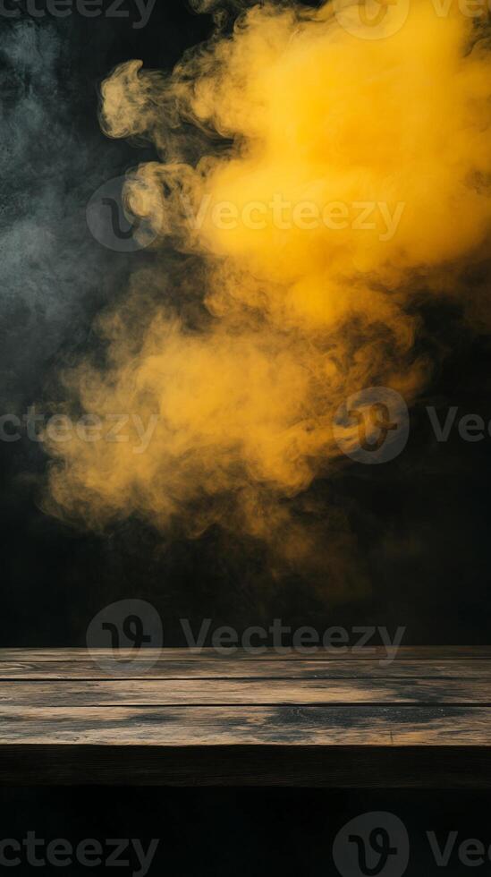 Wooden Table with Yellow and Gray Smoke Plumes on Black Background photo