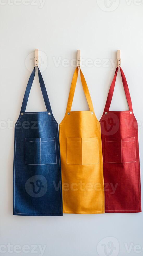 Three Linen Aprons with Pockets Hanging on Clothespins photo