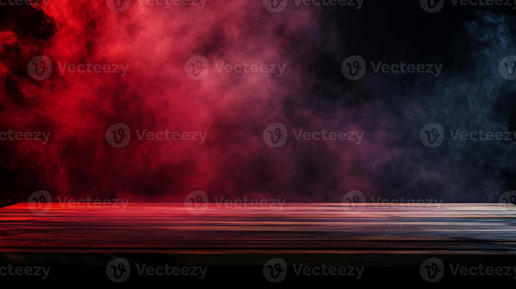 Wooden Table with Red and Blue Smoke Background photo