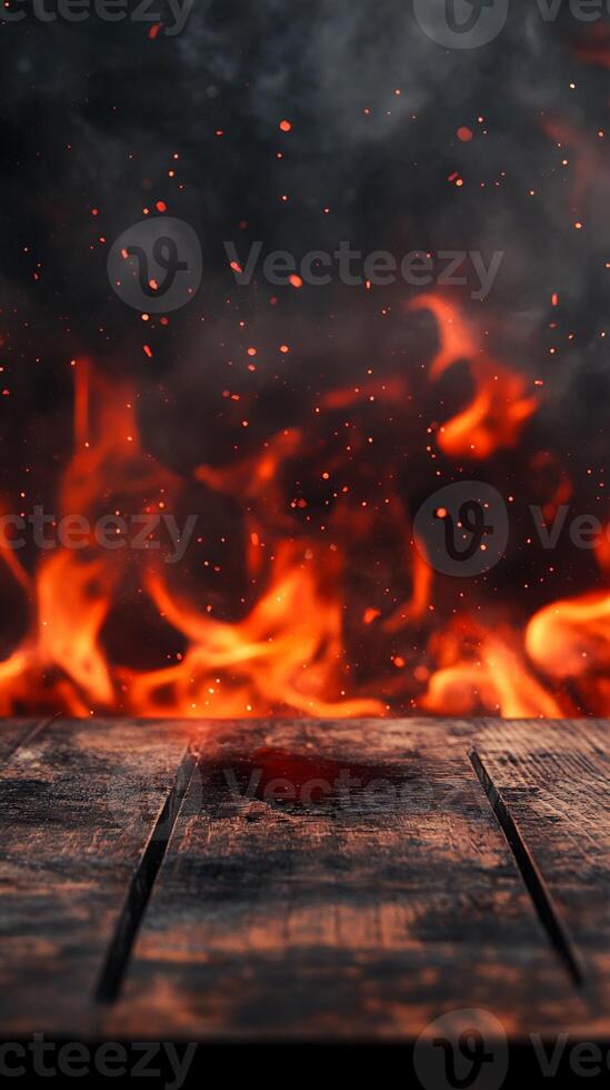Wooden Surface with Fire and Embers Background photo