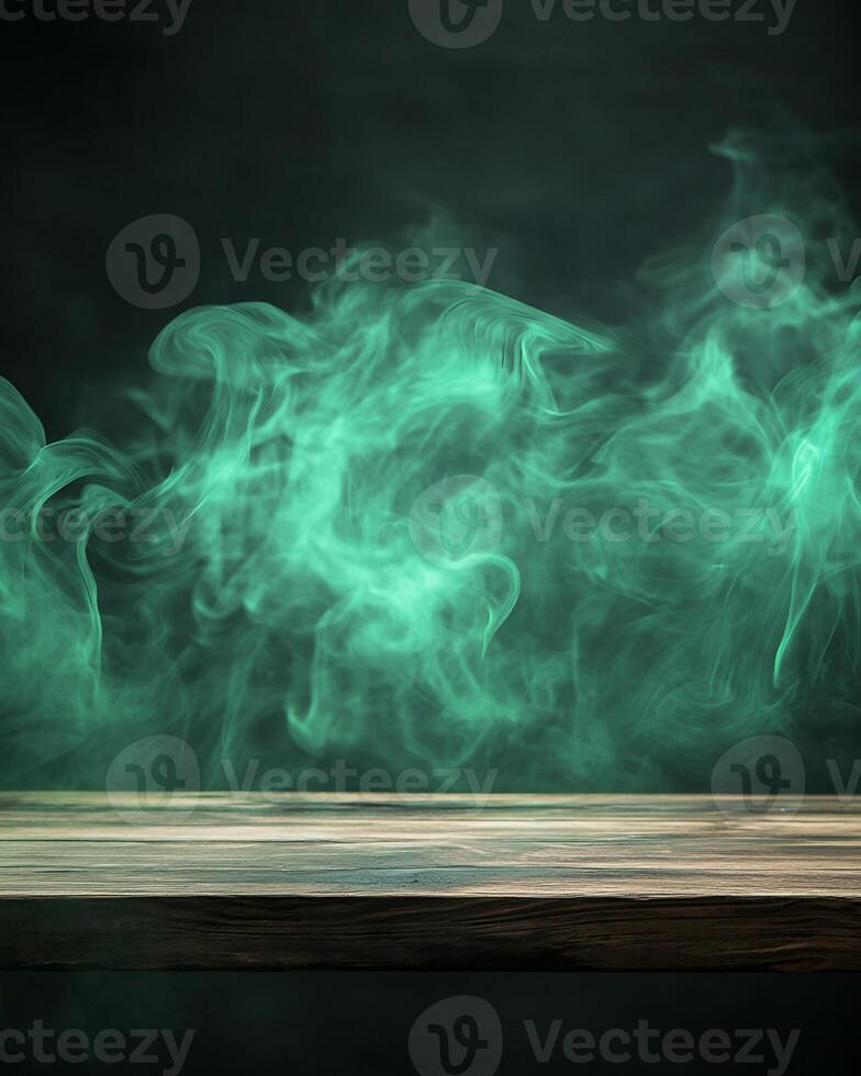 Wooden Surface with Teal Smoke Background photo