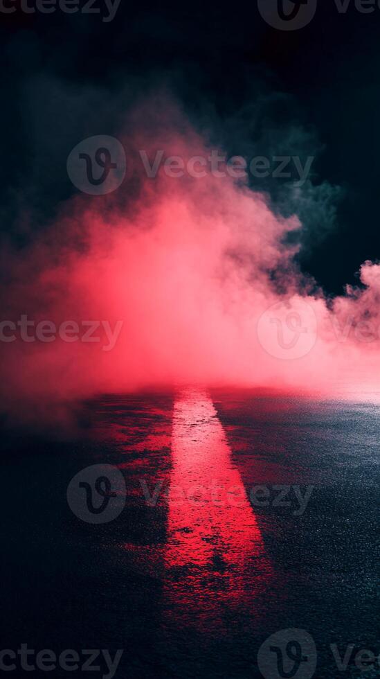 Red-Illuminated Asphalt Roadway with Smoke photo