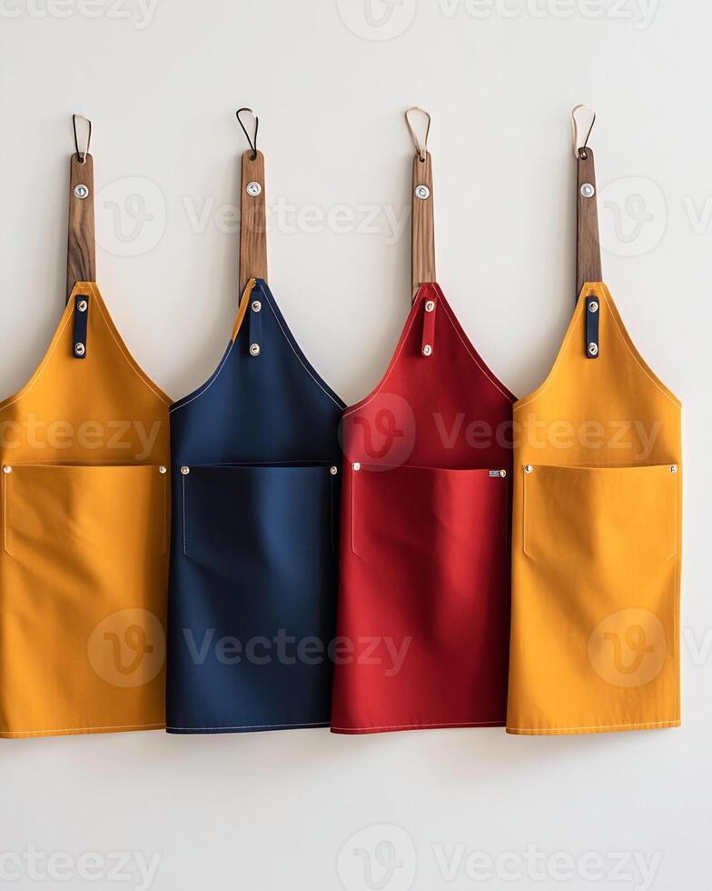 Four Canvas Aprons with Wooden Neck Straps photo