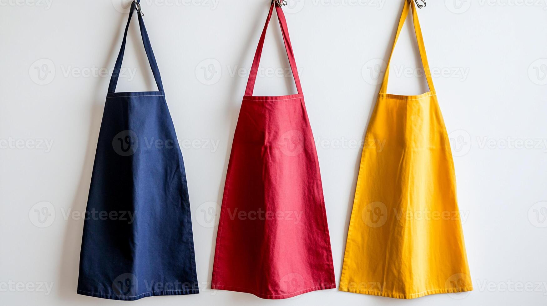 Three Plain Fabric Aprons Hanging on White Background photo