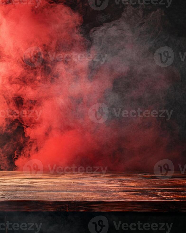 Wooden Table with Red and Gray Smoke Background photo