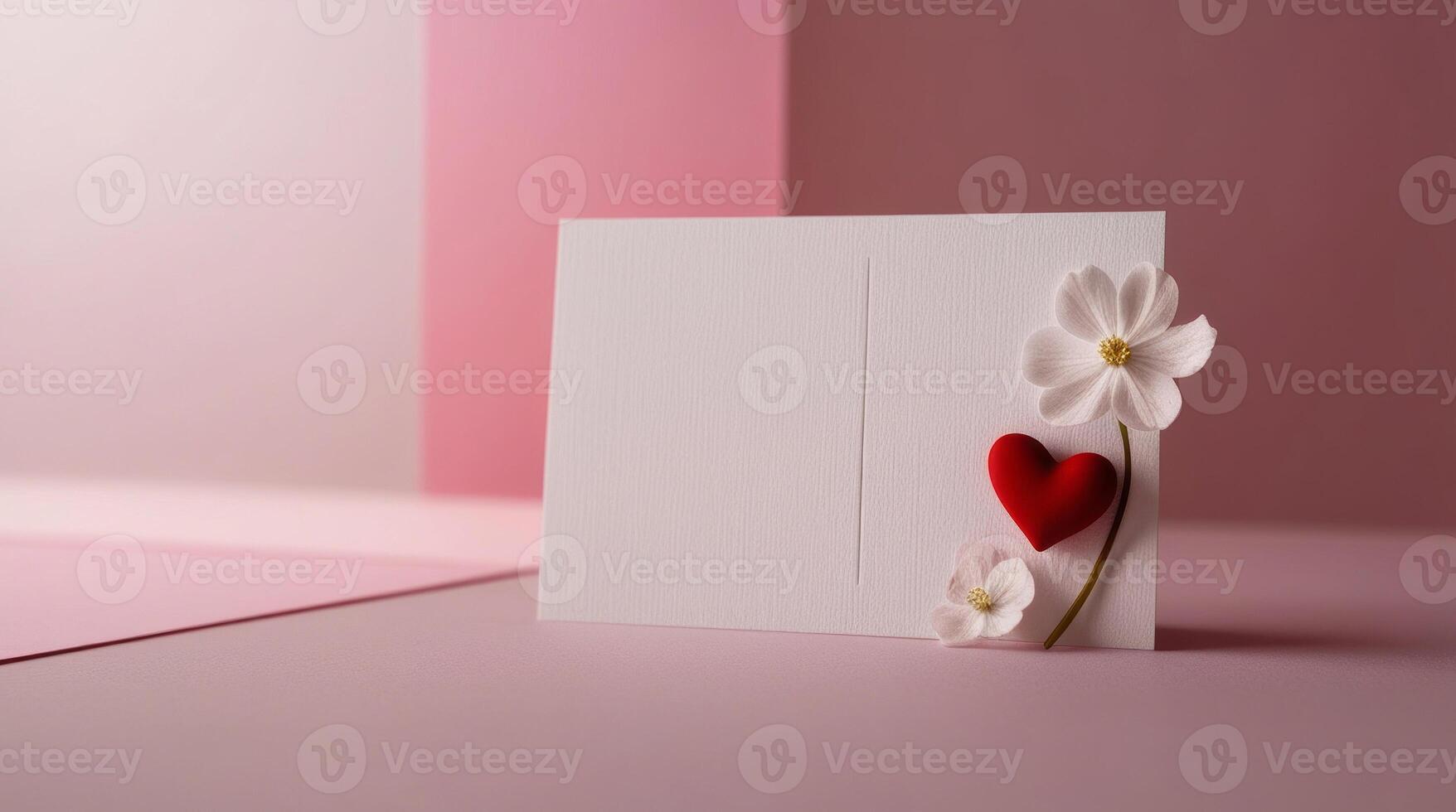 A white card with a red heart and flower on a pink background photo