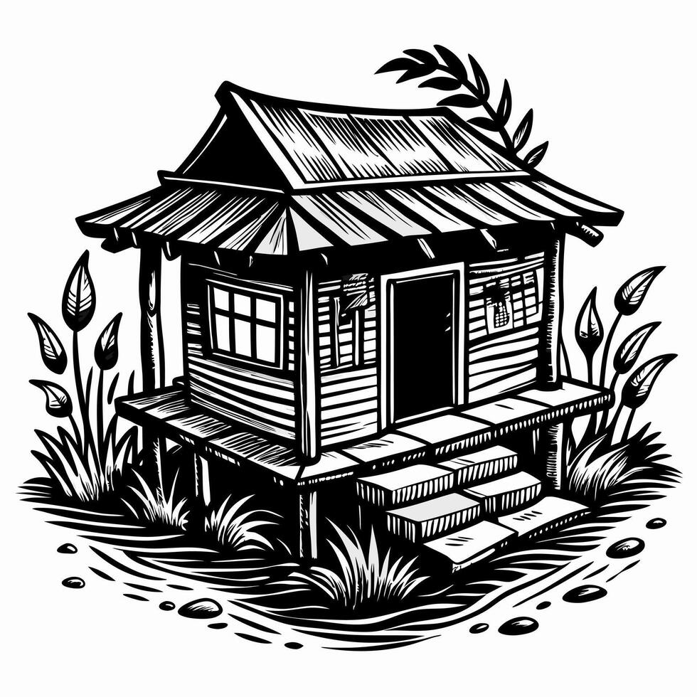 Rustic Cabin Illustration with Woodcut Style Traditional Cottage Surrounded by Nature vector