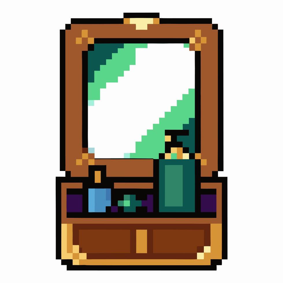Pixel Art Vanity with Mirror and Toiletries Retro Illustration vector