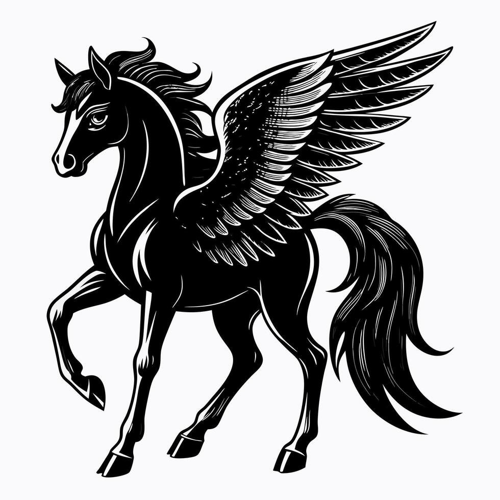 Elegant Black and White Pegasus Illustration with Detailed Wing Feathers in Art Style vector