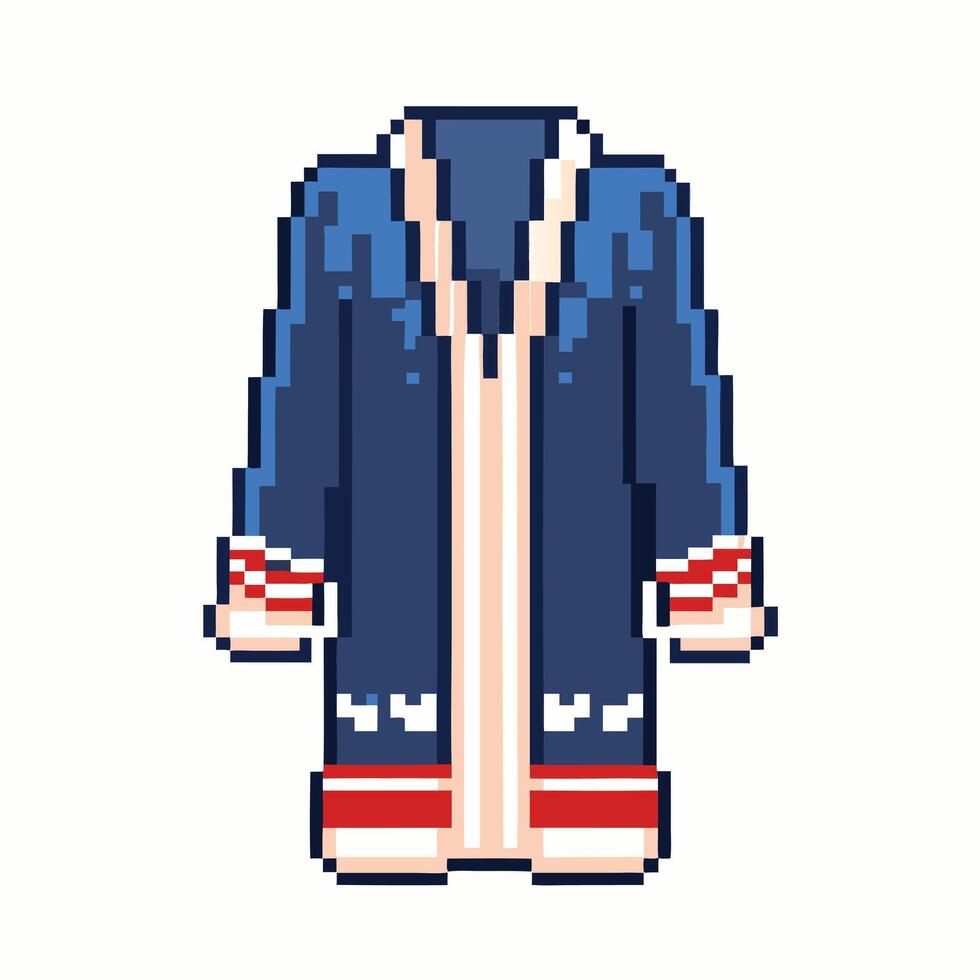 Retro Pixel Art Style Blue Coat with Red and White Accents vector