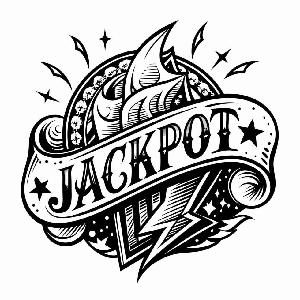 Monochrome Tattoo Style Jackpot Design with Stars and Flames vector