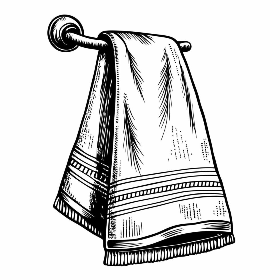 Vintage Hand Drawn Towel Illustration Hanging on Wall Hook in Black and White vector