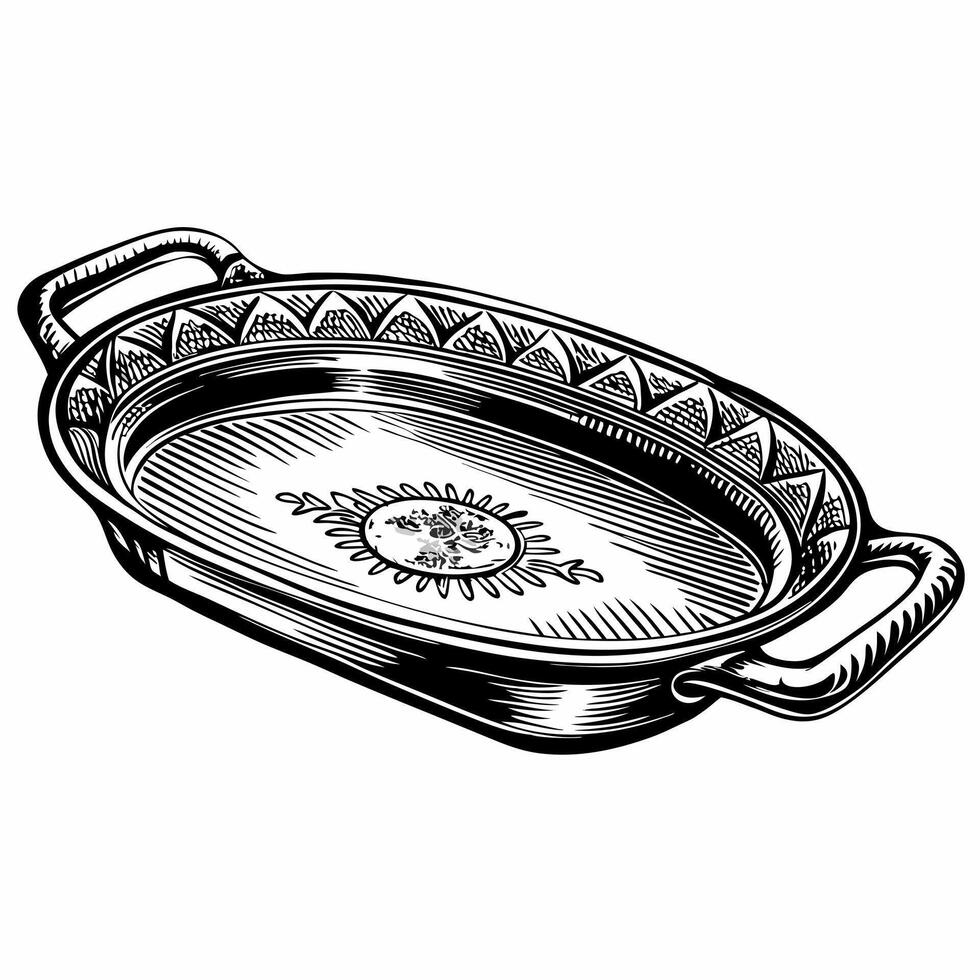 Vintage Hand Drawn Cooking Tray with Ornate Handles and Decorative Pattern vector