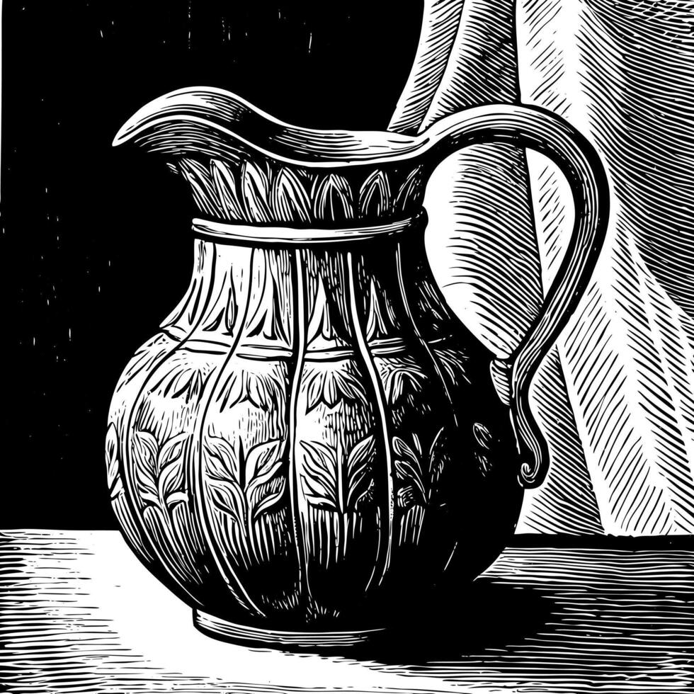 Intricate Vintage Engraving of an Ornate Pitcher in Black and White Style vector