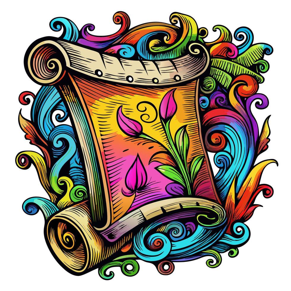 Colorful ornate scroll with floral patterns and abstract swirls, decorative art, intricate design vector