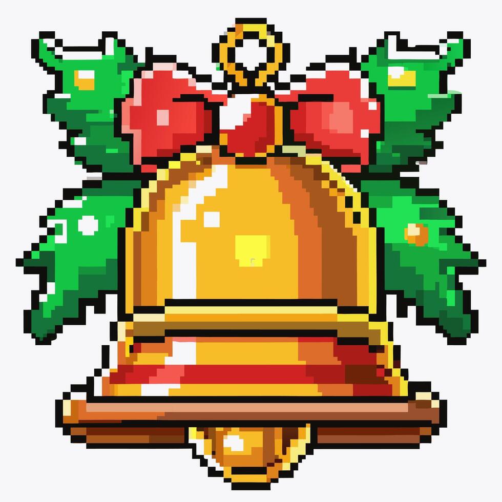 Pixel Art Christmas Bell with Holly and Red Bow Classic Festive Decoration vector