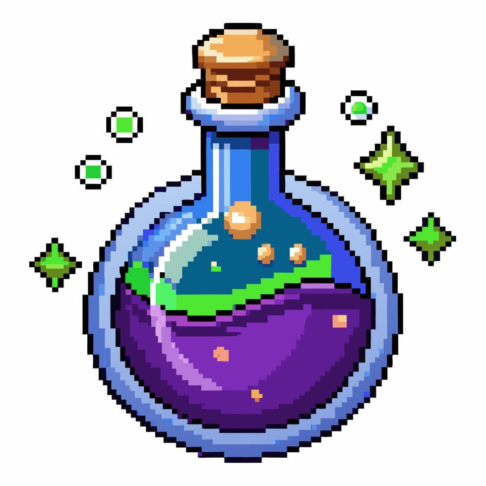 Pixel Art Magical Potion Bottle with Sparkles and Cork Stopper vector