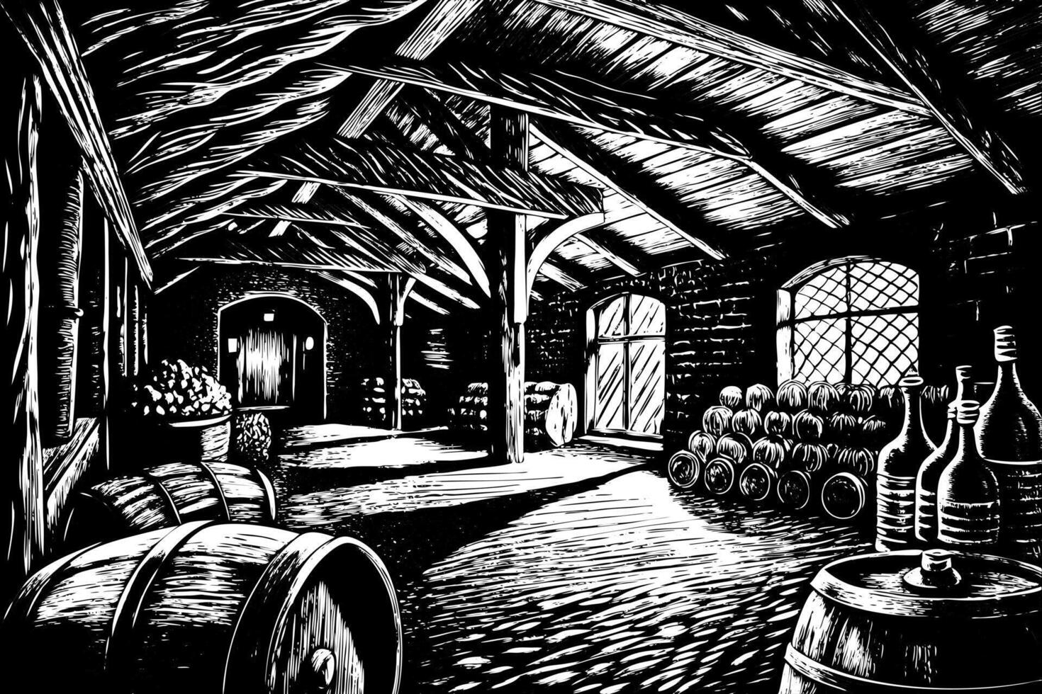 Rustic Wine Cellar with Barrels and Bottles in Vintage Style Woodcut Illustration vector