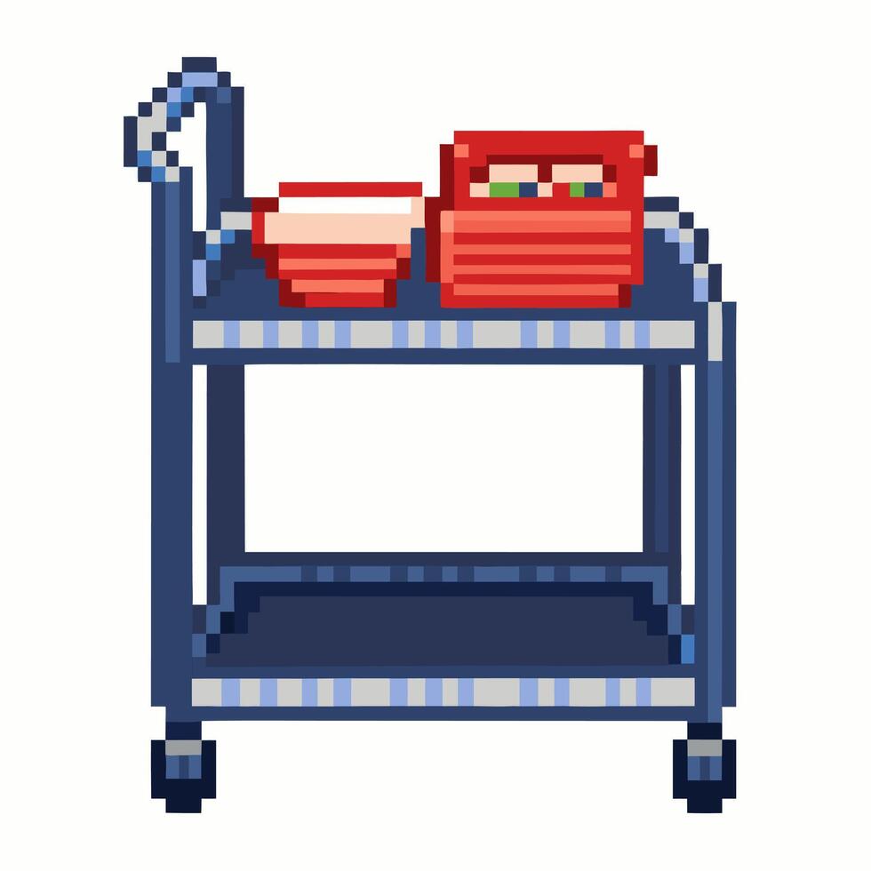 Pixel Art Metal Trolley with Red Toolboxes on Wheels vector
