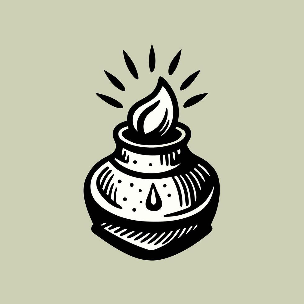 Vintage Hand Drawn Ink Pot with Flame for Creative Illustrations and Designs vector
