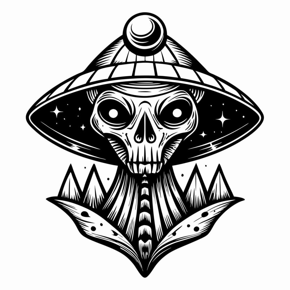 Retro Alien Skull with UFO Hat Art in Black and White vector